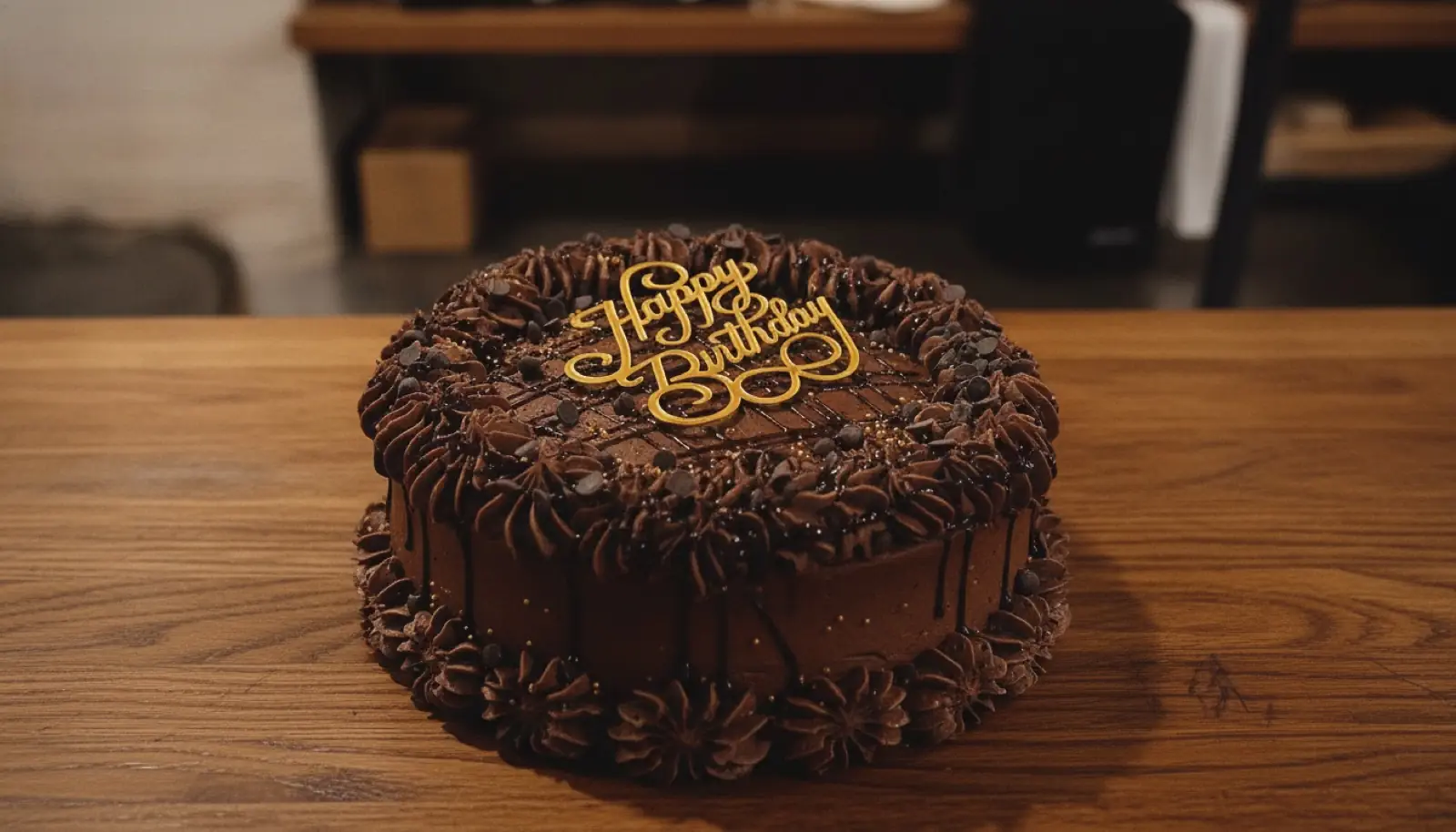 A chocolate birthday cake with a gold Happy Birthday topper on the counter