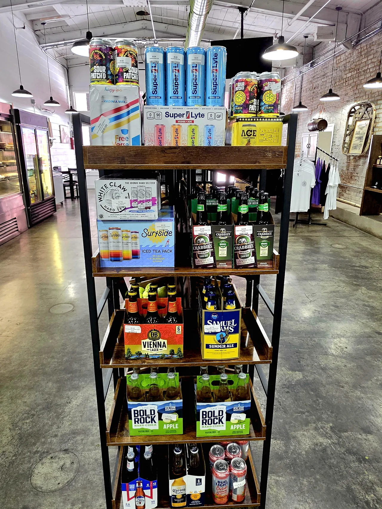 The beer and seltzer rack: Super Lyte, Surfside, Bold Rock, and more