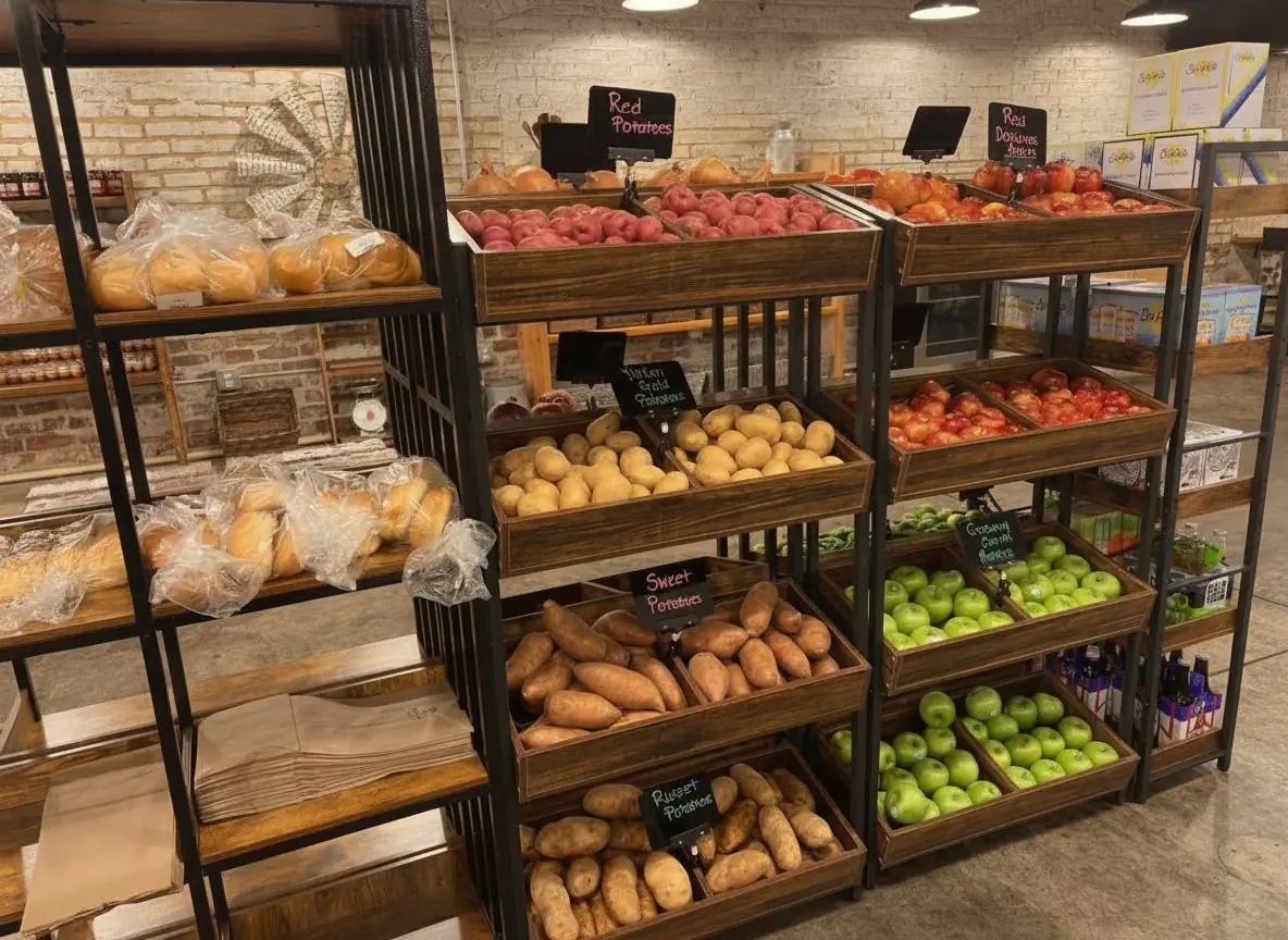 Bread racks and produce crates in the market’s grocery corner