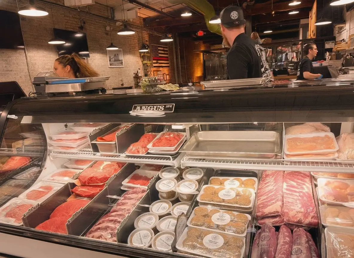 The full-service meat case with the crew working behind it
