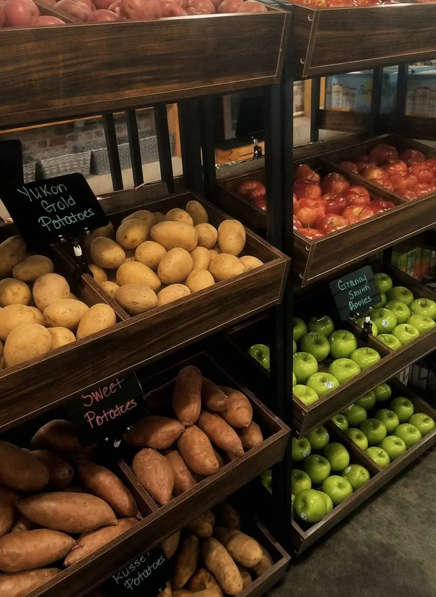Potato and apple racks with handwritten chalk signs