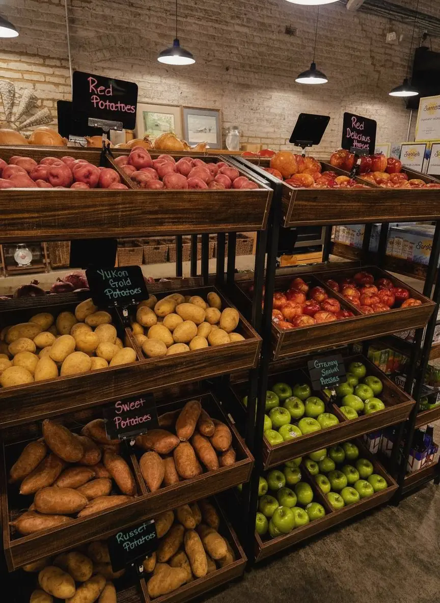 Produce racks with handwritten chalk signs under the pendant lights