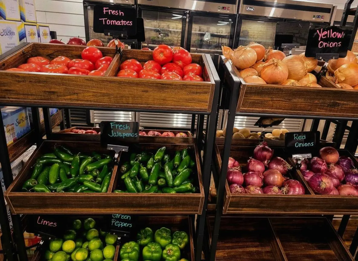 Tomatoes, jalapenos, and onions in wood crates with handwritten chalk signs