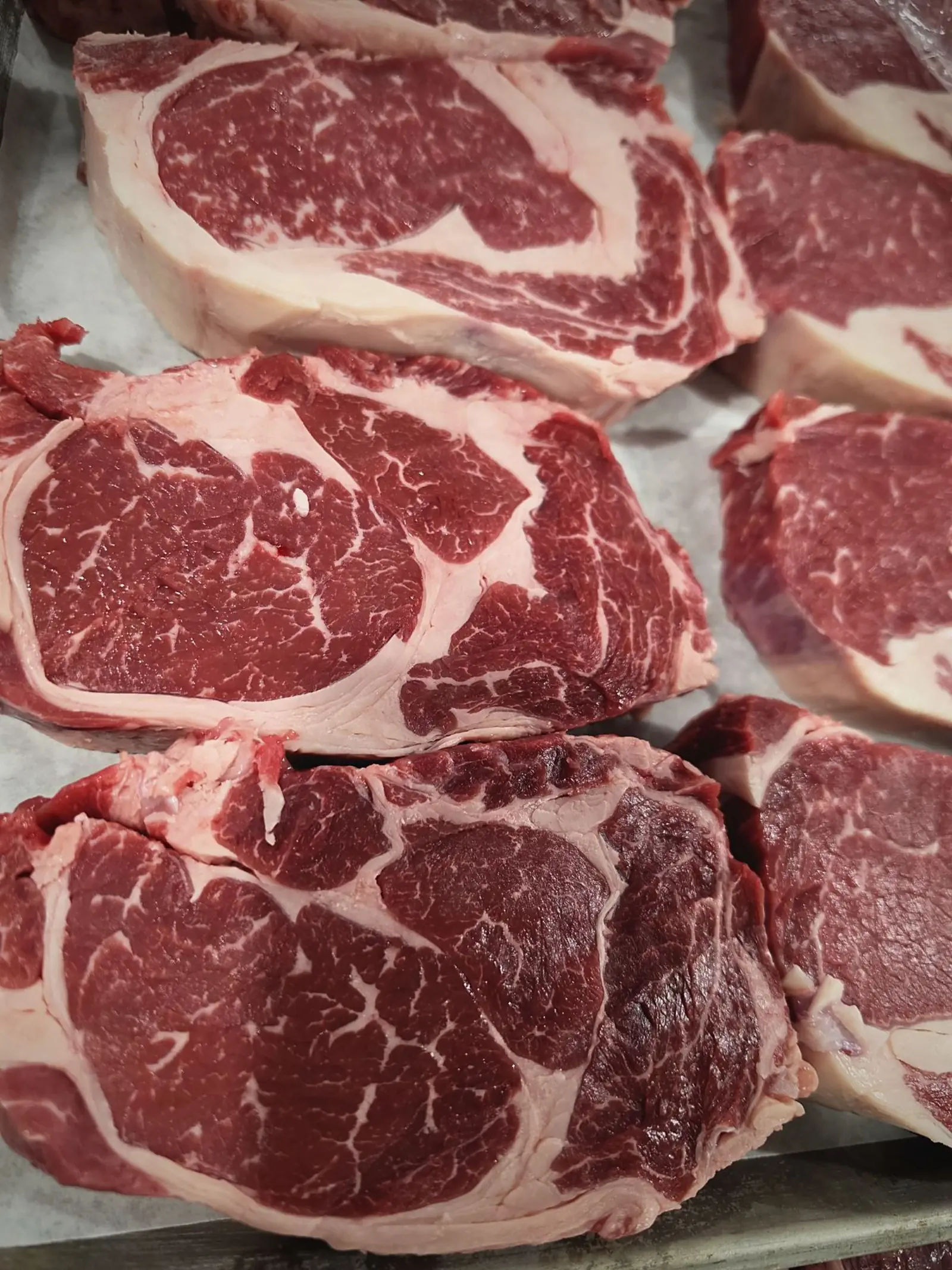 Marbled ribeyes stacked in the butcher case